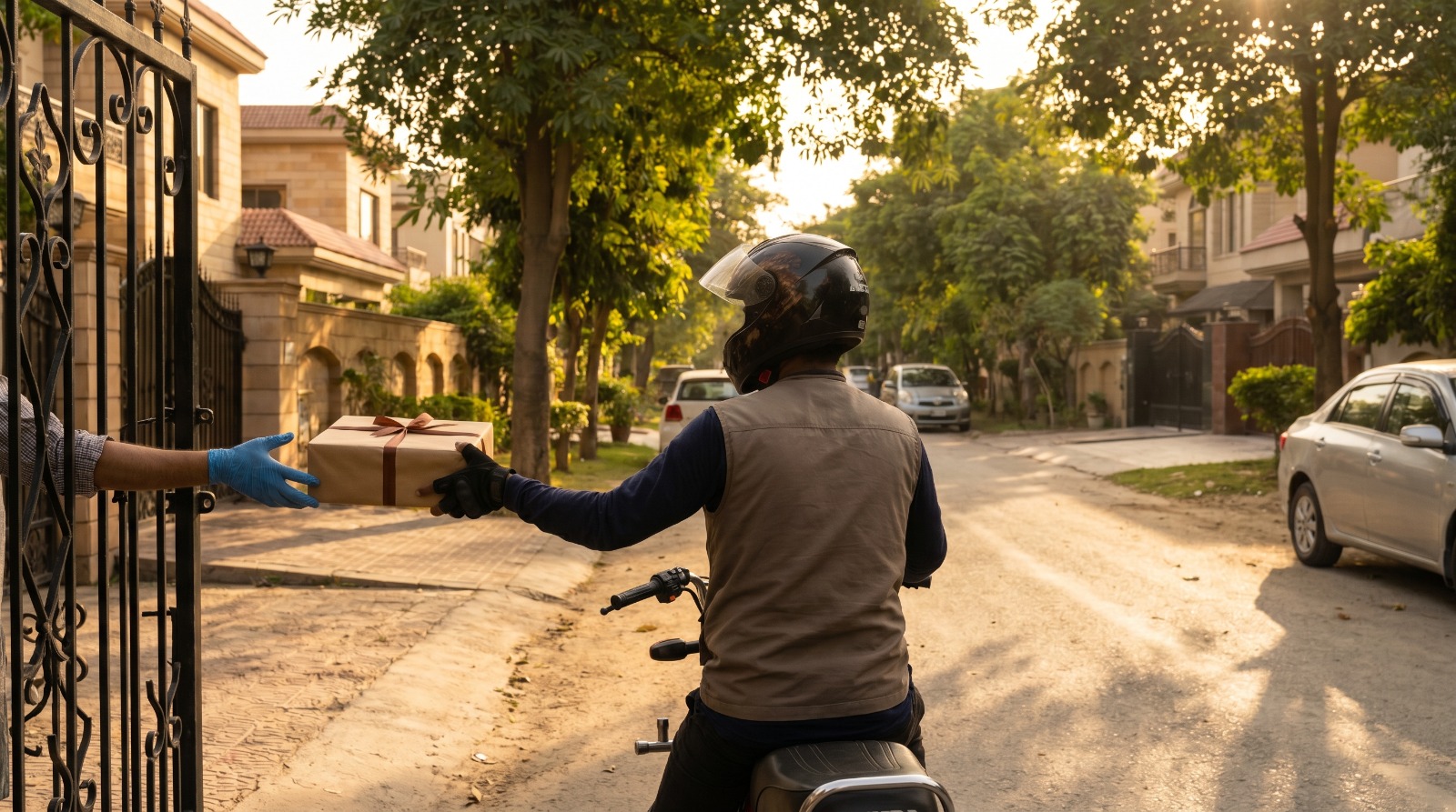 Bloom & Beyond rider delivering a wrapped gift box to a residential gate in Lahore at golden hour — same-day Lahore delivery
