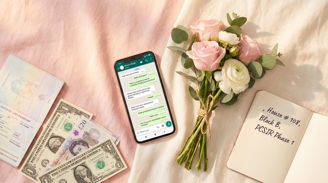 Overseas Pakistani diaspora flat-lay — pink rose bouquet, WhatsApp chat on phone, GBP and USD currency notes, UAE passport, handwritten Lahore address — Bloom & Beyond from-abroad delivery