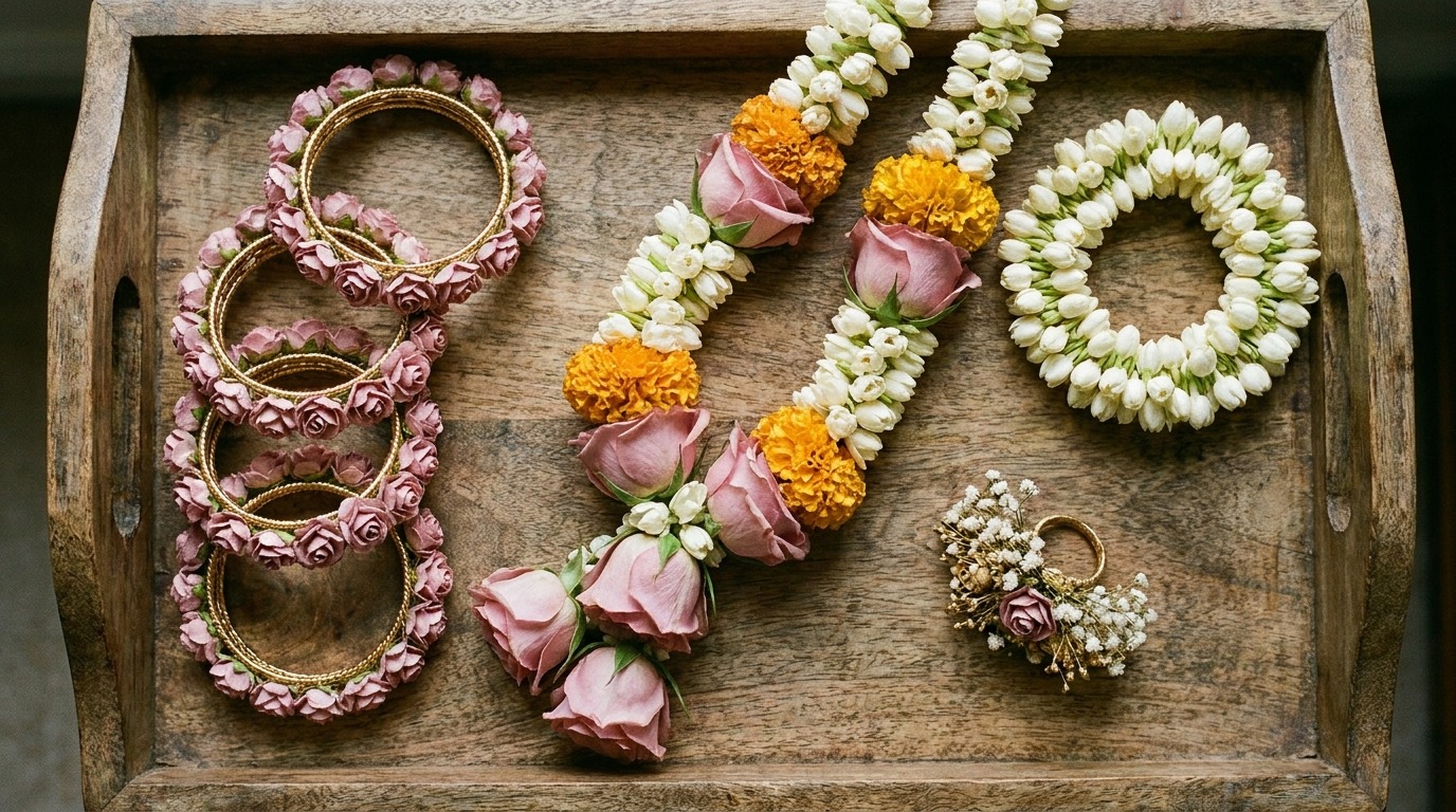 Pakistani bridal floral jewellery — pink rose bangles, marigold and rose haar, jasmine gajra, and small bridal corsage on a wooden tray — Bloom & Beyond Lahore wedding collection