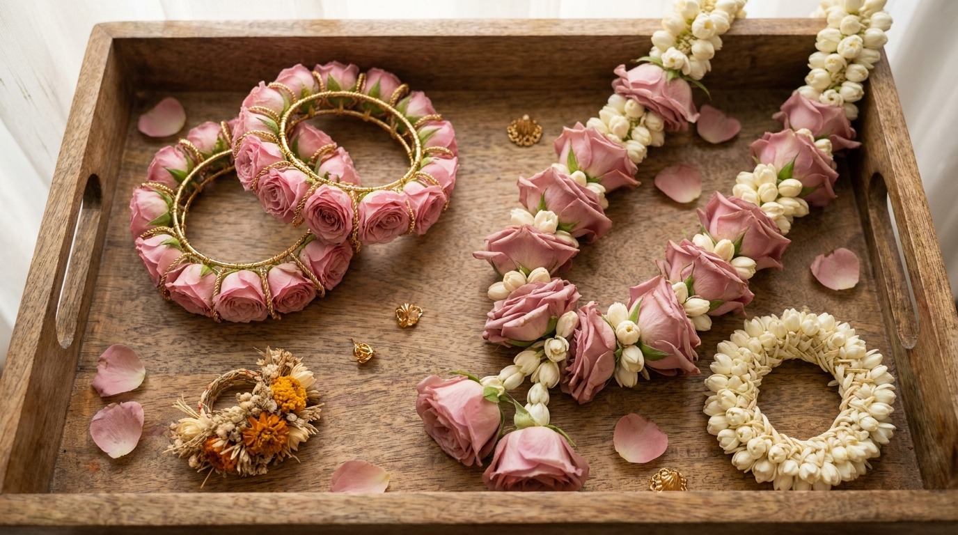 Pink rose floral bangles, jasmine and rose haar, and floral mehndi ring on a wooden tray — Bloom & Beyond bridal floral jewellery for Lahore weddings