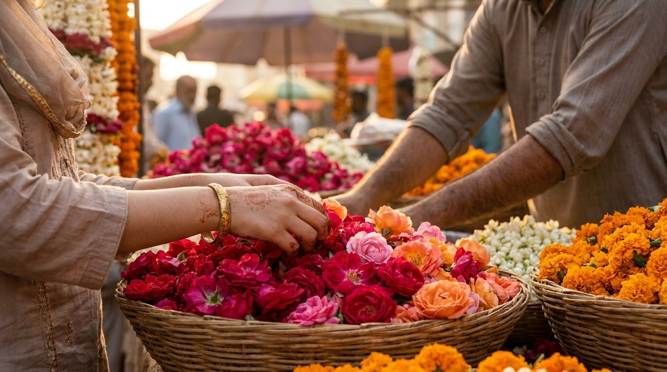 Hands selecting fresh roses and marigolds at Lahore's Phool Mandi flower market — Bloom & Beyond same-morning sourcing