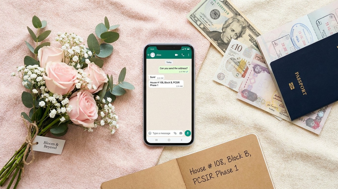Overseas Pakistani sending a Father's Day gift to Lahore — smartphone WhatsApp order chat, GBP and USD currency, handwritten Lahore address — Bloom & Beyond