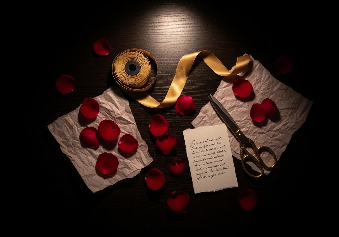 Rose petals, gold ribbon, and handwritten card on dark table — the craft behind every Bloom & Beyond gift