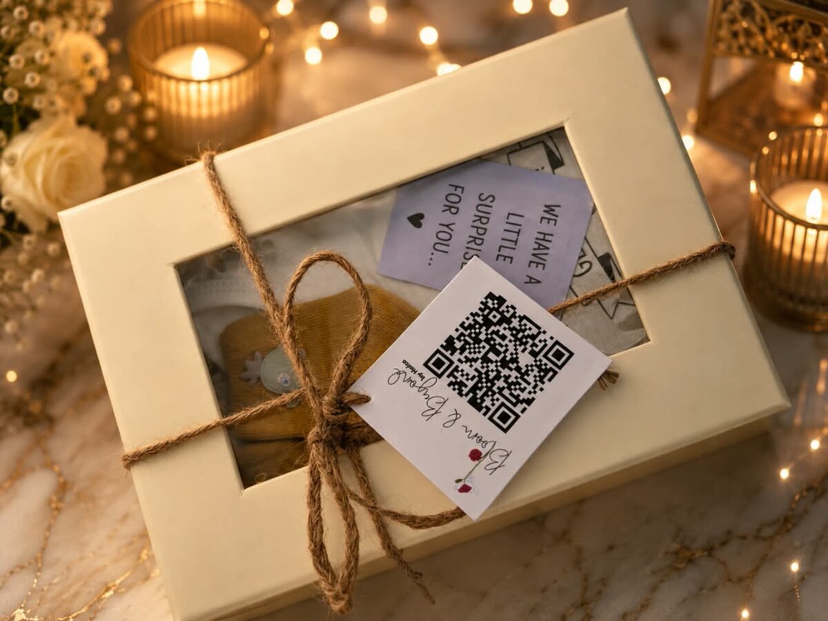 A cream window gift box tied with jute twine, mustard knitted baby socks visible through the window beside a lilac announcement card — handcrafted by Bloom & Beyond in Lahore