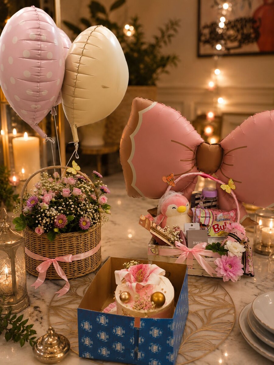 Pink and cream balloons with a padded bow cushion, a wicker basket of fresh flowers and a decorated cake in a presentation box — handcrafted by Bloom & Beyond in Lahore