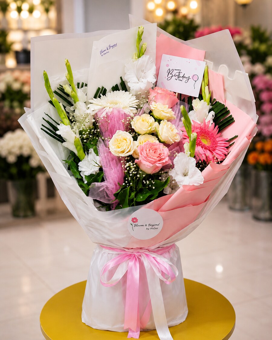Mixed flower bouquet of pink gerbera daisies, cream roses, white chrysanthemums and baby's breath in pink-and-white tissue — handcrafted by Bloom & Beyond in Lahore