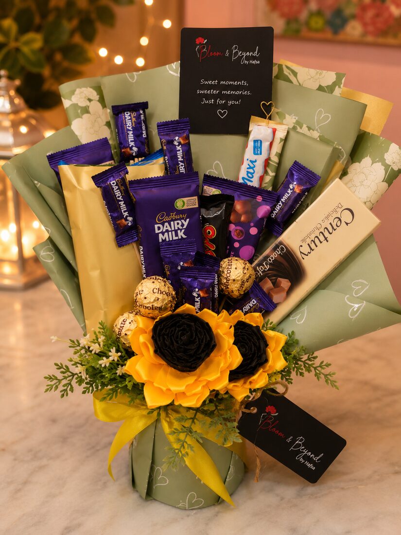 A generous chocolate bouquet in sage-green and yellow wrap, loaded with Cadbury Dairy Milk, Bounty, Twix — handcrafted by Bloom & Beyond in Lahore