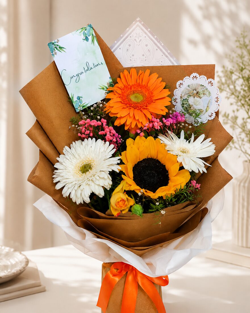 Congratulations sunflower bouquet — a bright sunflower with orange and white gerberas, a yellow rose and pink filler in kraft wrap — handcrafted by Bloom & Beyond in Lahore