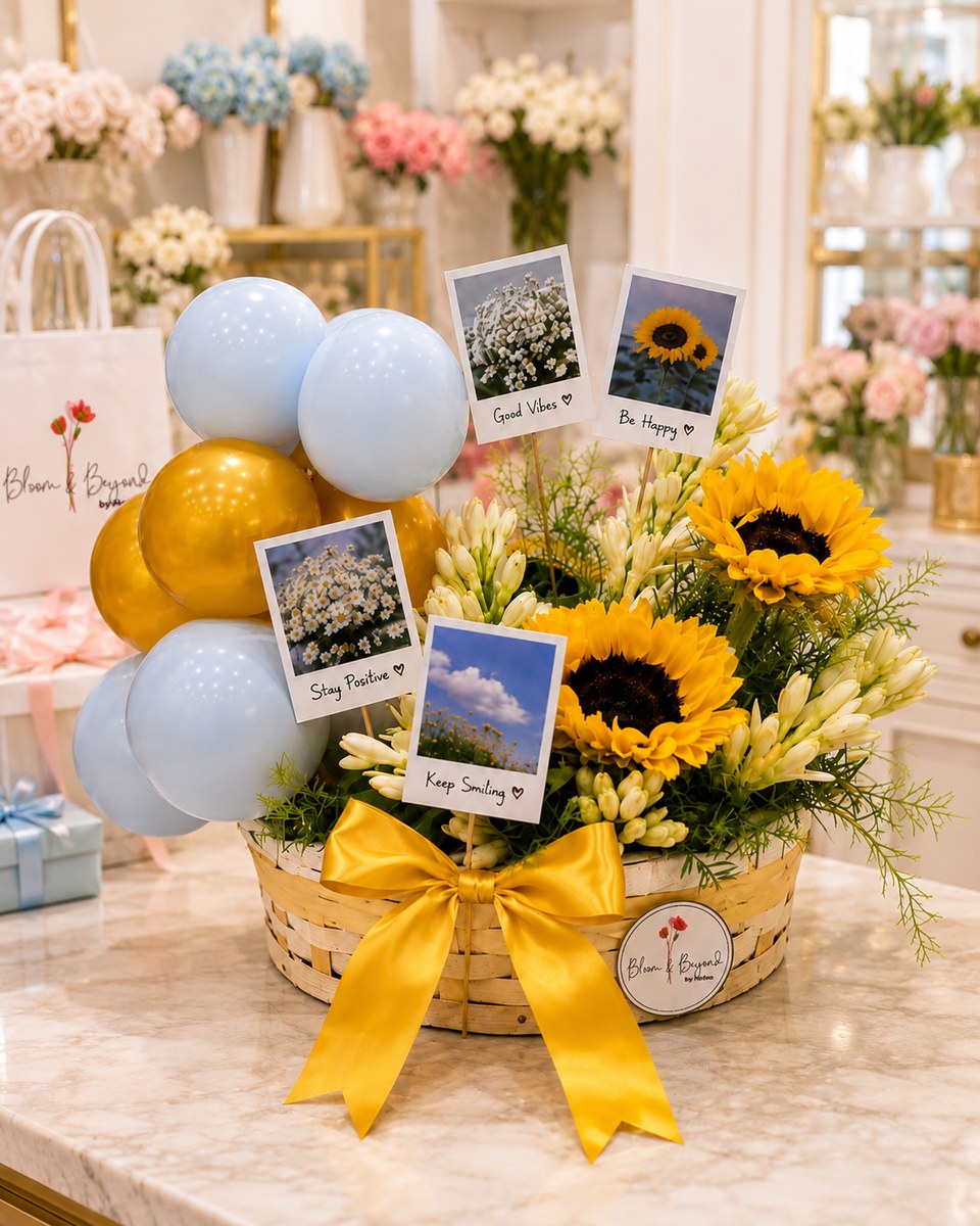 A cane basket of sunflowers and white tuberose with a pastel blue and gold balloon cluster — handcrafted by Bloom & Beyond in Lahore