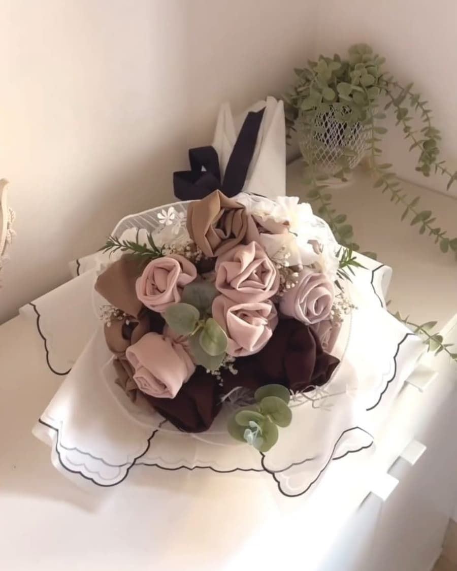 Fabric roses in muted pinks and browns — a forever bouquet that never wilts — handcrafted by Bloom & Beyond in Lahore