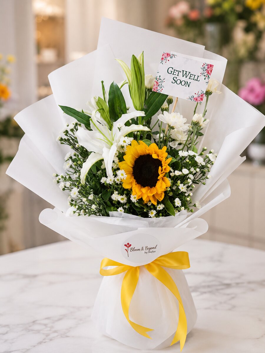Get well soon bouquet — a bright sunflower with white oriental lilies, white chrysanthemums and baby's breath in white tissue with a yellow satin bow — handcrafted by Bloom & Beyond in Lahore