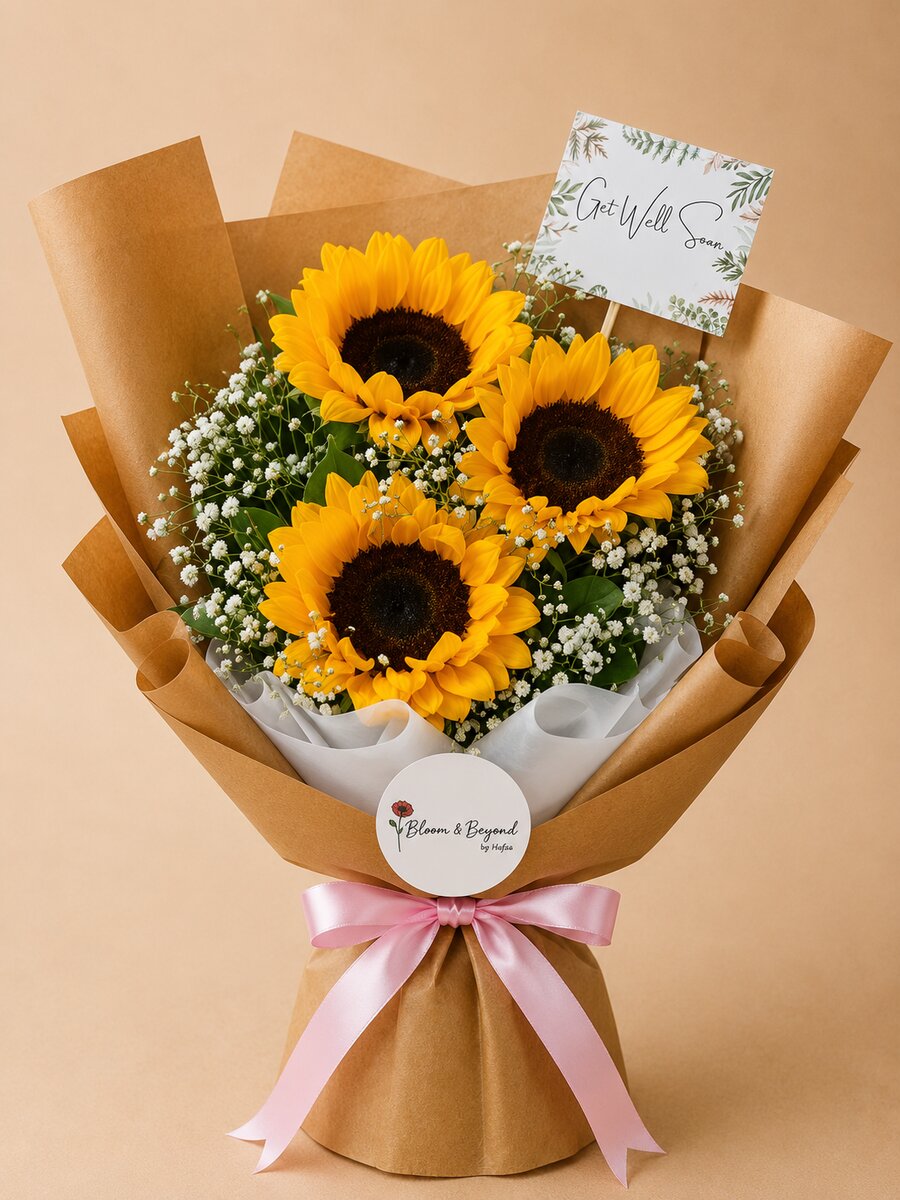 A bright, uplifting bouquet of three large sunflowers nested in clouds of baby's breath and fresh greenery — handcrafted by Bloom & Beyond in Lahore