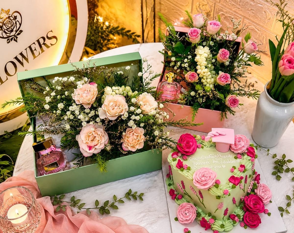 Two floral keepsake boxes — one sage green with peach garden roses, one blush pink with pink roses and white stock — handcrafted by Bloom & Beyond in Lahore