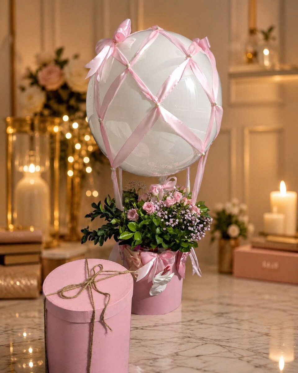 A white balloon laced with pink ribbon floating above a pink hat box filled with fresh pink flowers and greenery — handcrafted by Bloom & Beyond in Lahore