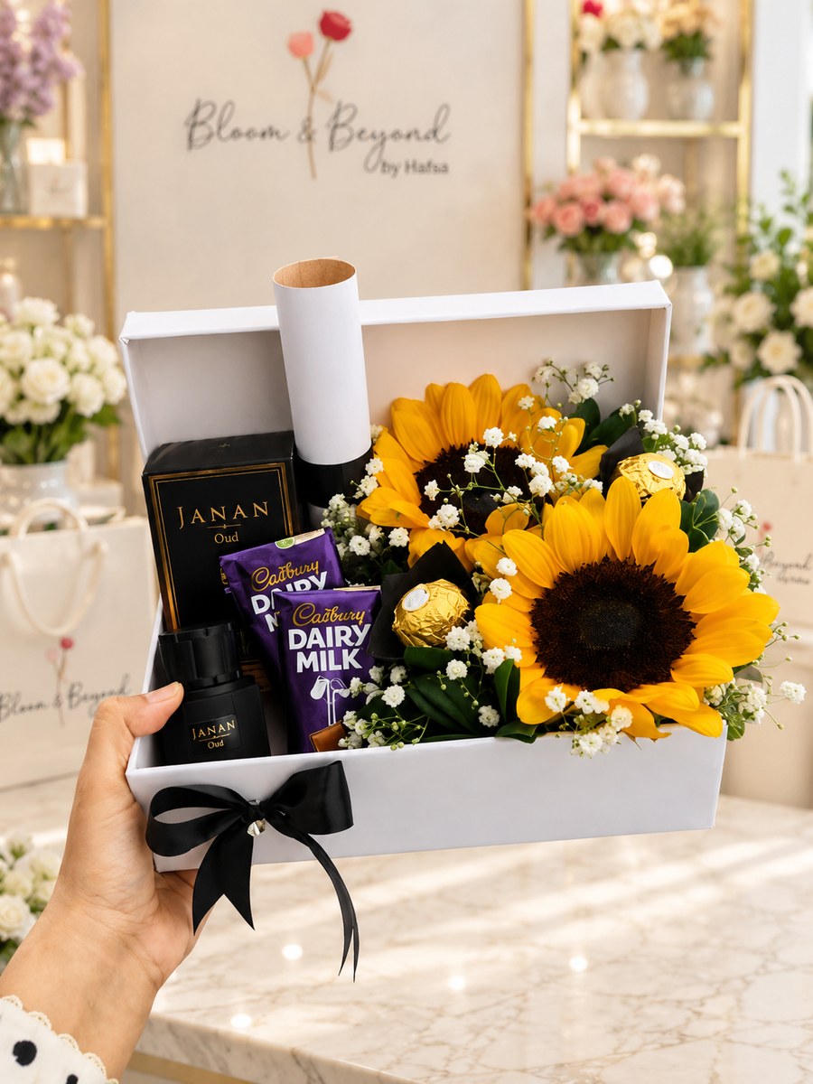 A white keepsake box built around a 30ml Junaid Jamshed (J.) Janan Oud fragrance — boxed bottle and all — with Cadbury Dairy Milk — handcrafted by Bloom & Beyond in Lahore