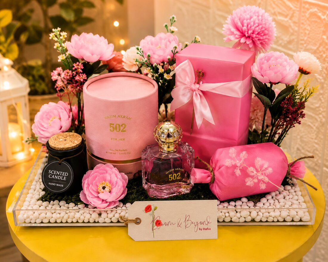 Perfume gift tray — Junaid Jamshed Wasim Akram 502 For Her eau de parfum with a hand-poured scented candle, wrapped keepsakes and fresh seasonal flowers — handcrafted by Bloom & Beyond in Lahore
