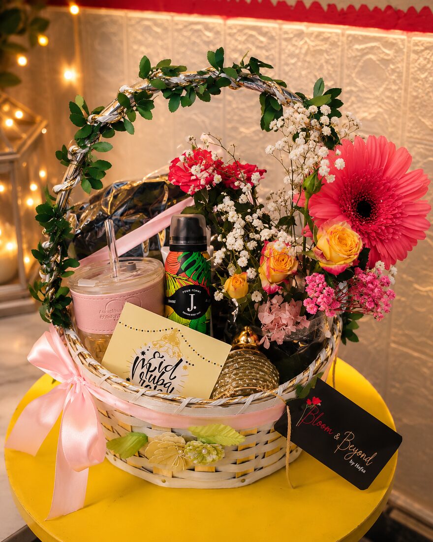 A premium Eid concierge basket arranged for a husband in the Maldives sending to his wife in Lahore — handcrafted by Bloom & Beyond in Lahore