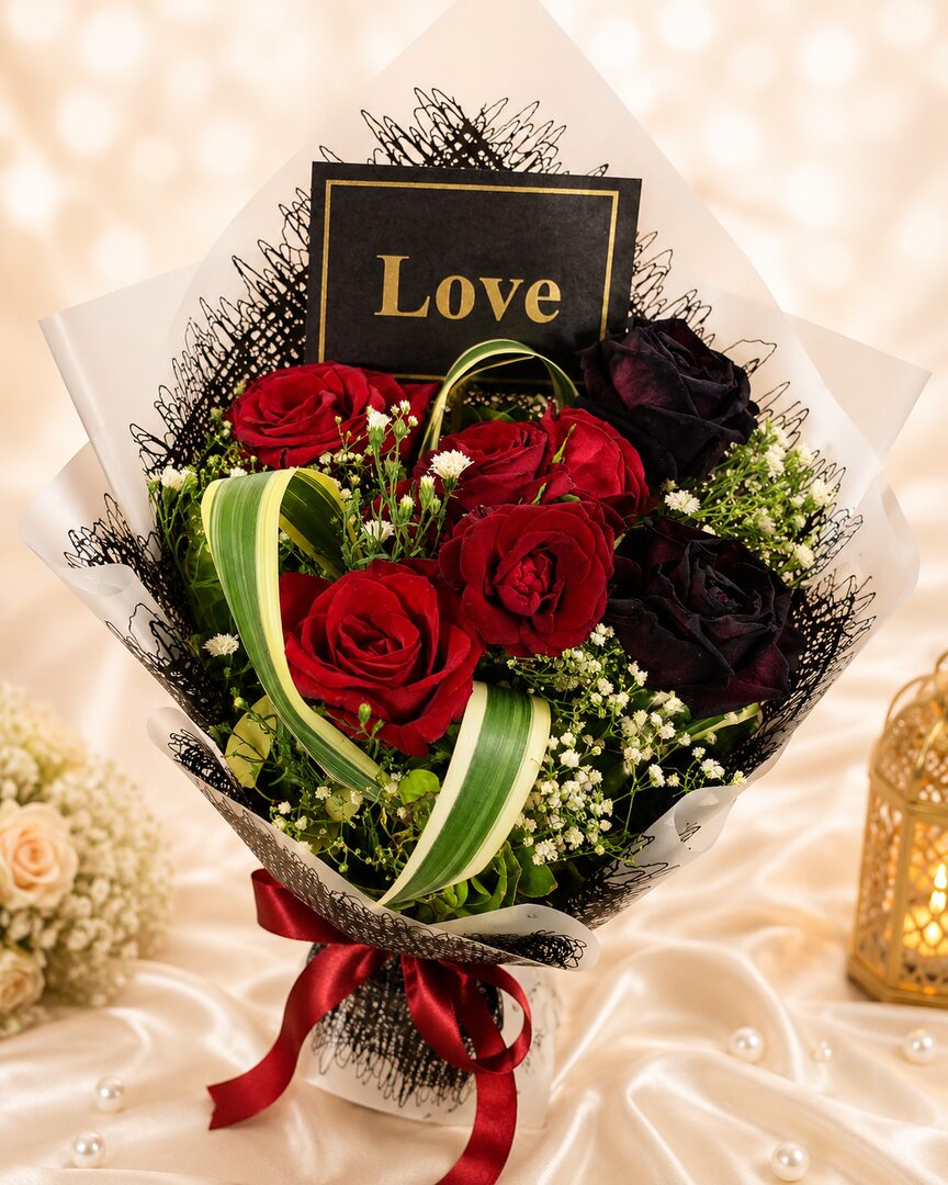 Red and black rose bouquet — deep red roses and dark roses with baby's breath and a 'Love' card, wrapped in black mesh and white paper with a satin ribbon — handcrafted by Bloom & Beyond in Lahore