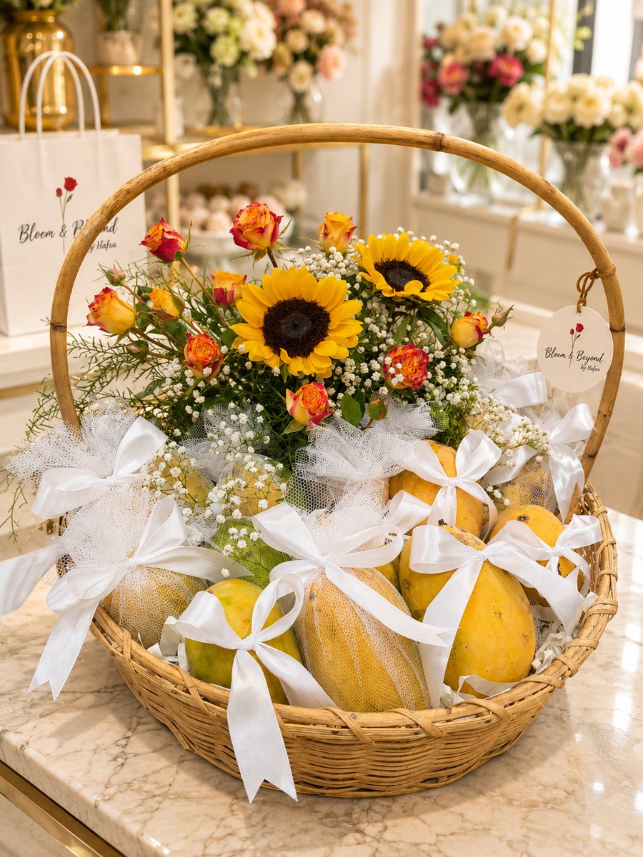 A handled cane basket carrying 5kg of premium Pakistani mangoes, each wrapped and tied in white tulle, topped with sunflowers — handcrafted by Bloom & Beyond in Lahore