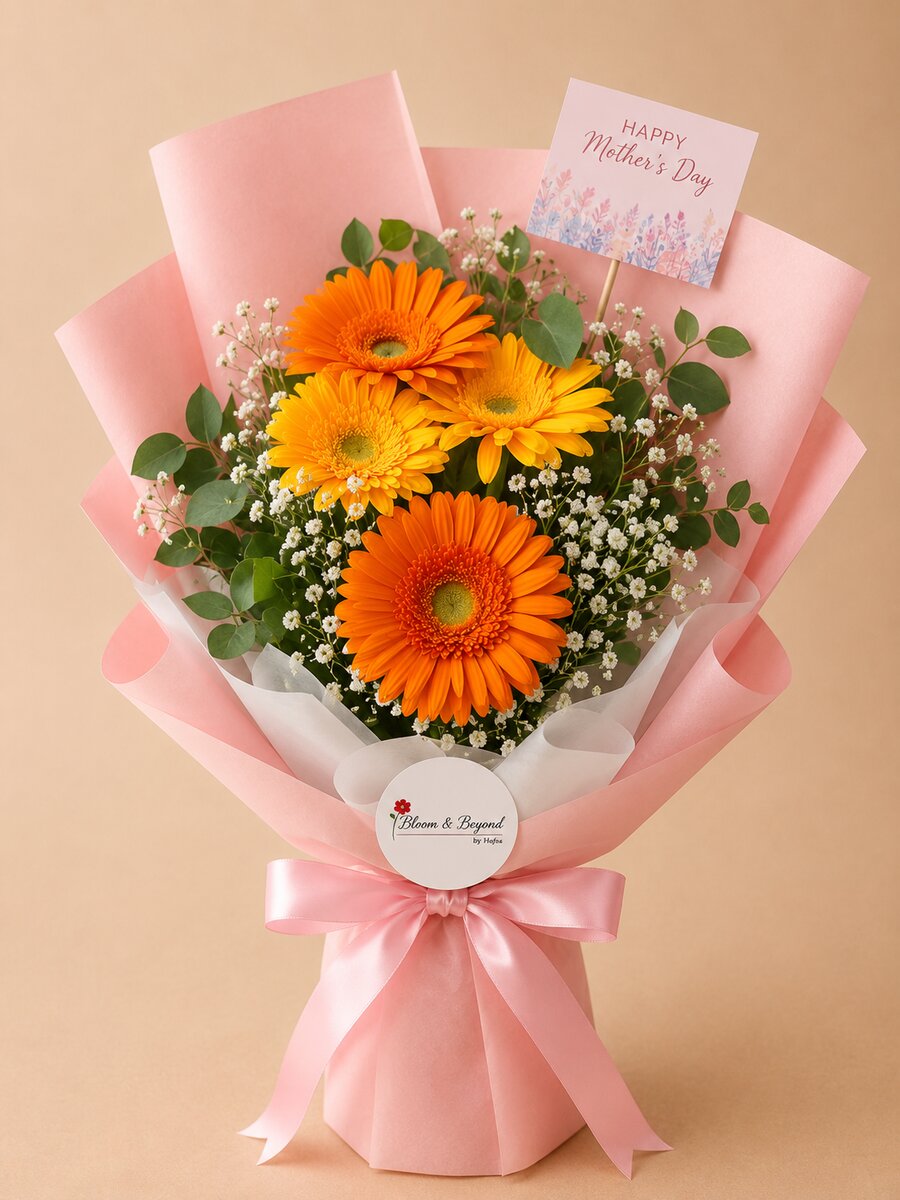 A cheerful Mother's Day bouquet — three vivid orange gerbera daisies with sprigs of baby's breath and fresh eucalyptus — handcrafted by Bloom & Beyond in Lahore