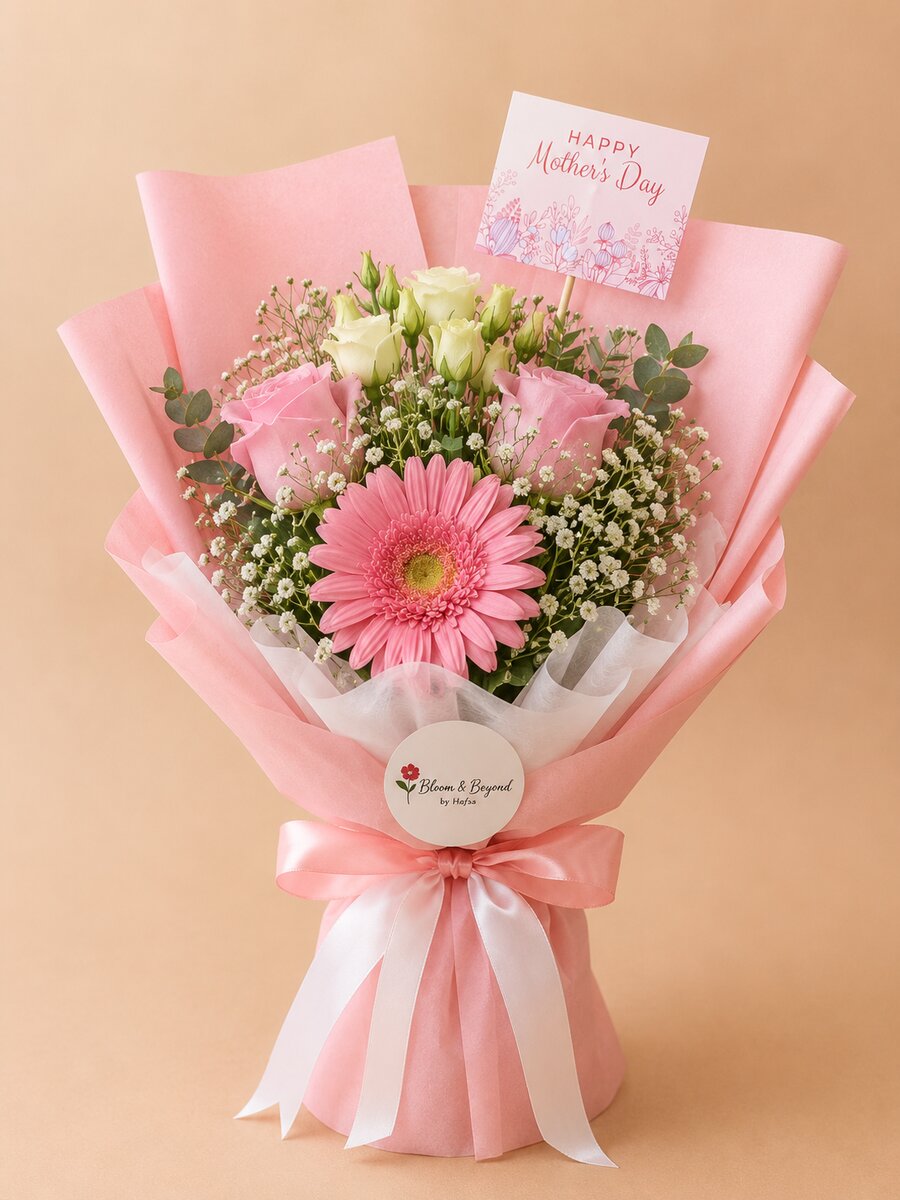 A premium Mother's Day bouquet — a soft pink gerbera daisy as the centrepiece surrounded by cream lisianthus, pink spray roses — handcrafted by Bloom & Beyond in Lahore