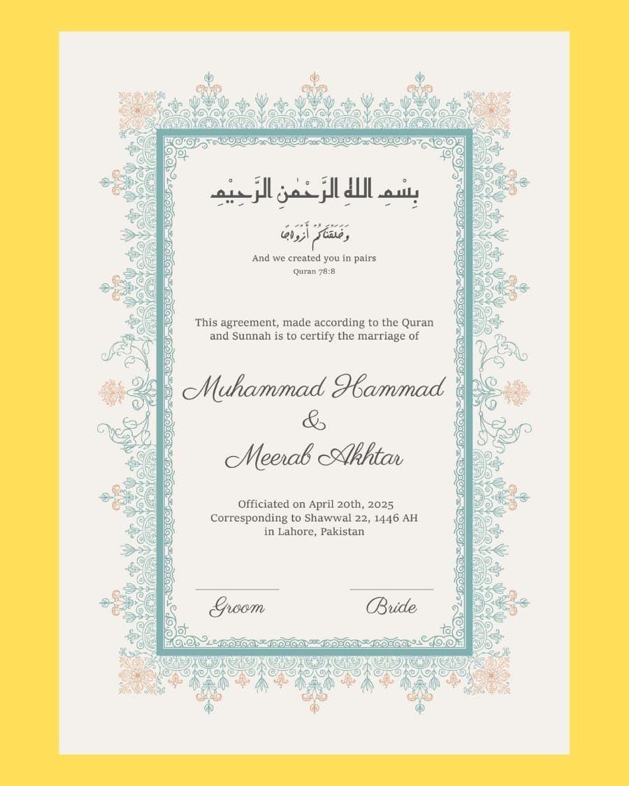 A contemporary Nikkah certificate design with teal and yellow floral borders — handcrafted by Bloom & Beyond in Lahore