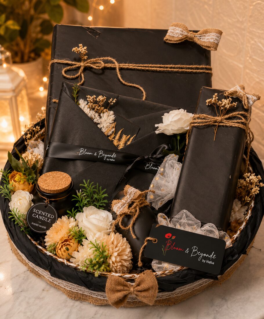 An elegant black-and-jute keepsake hamper — black-wrapped gift boxes tied with twine and lace, a hand-poured scented candle — handcrafted by Bloom & Beyond in Lahore