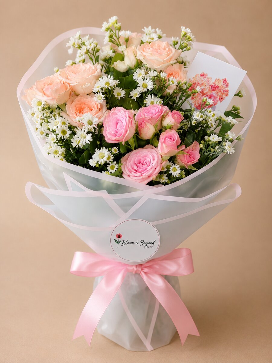 A premium hand-tied bouquet of peach garden roses, pink spray roses, and clouds of fresh white aster daisies — handcrafted by Bloom & Beyond in Lahore