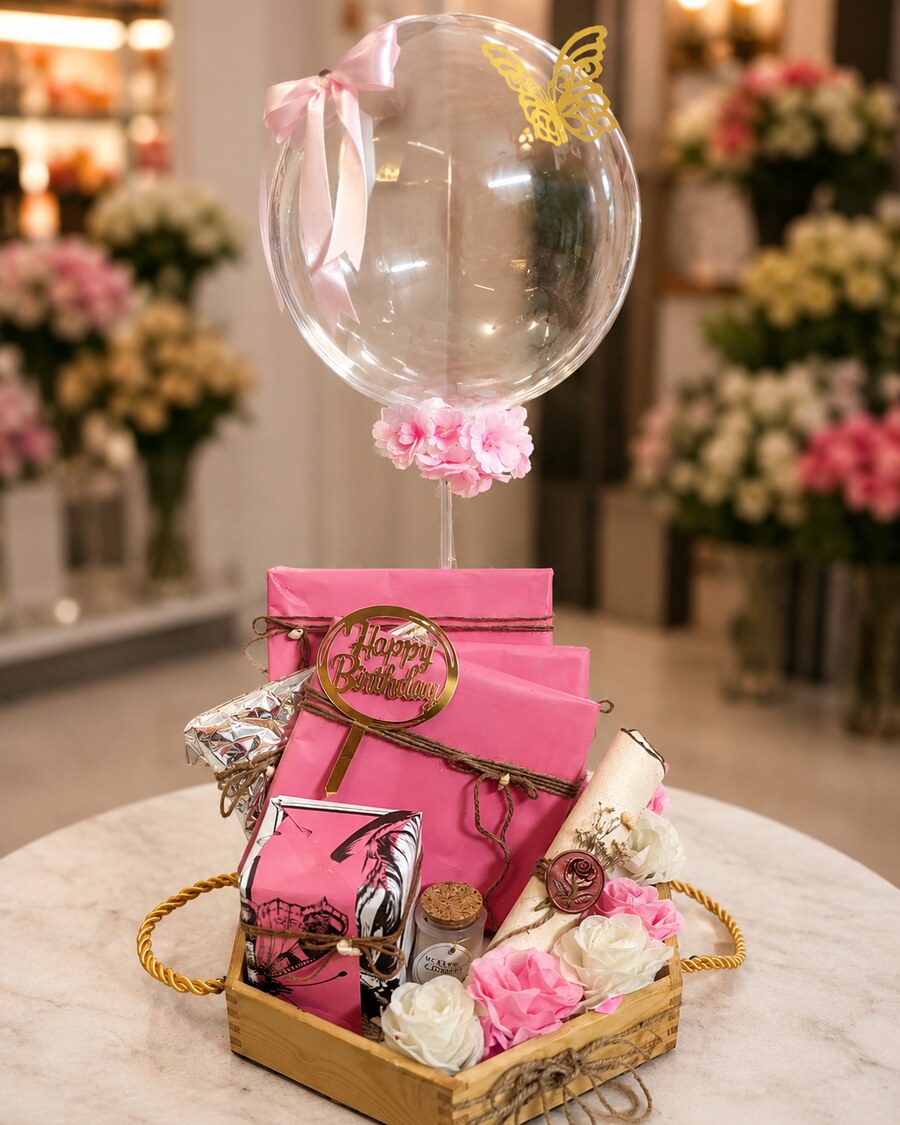 A premium signature hamper centred on four real hand-painted artworks by Hafsa — handcrafted by Bloom & Beyond in Lahore