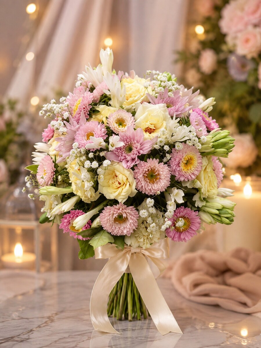 A hand-tied bouquet of pink asters, cream lisianthus, chrysanthemums and baby's breath finished with a wide cream ribbon — handcrafted by Bloom & Beyond in Lahore