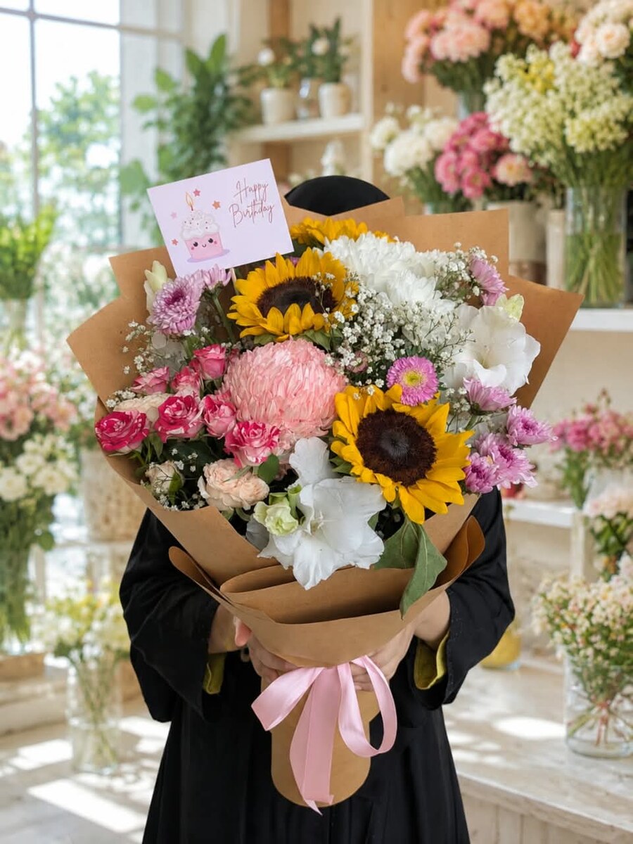 A large hand-tied birthday bouquet with two sunflowers, an oversized pink disbud chrysanthemum, hot-pink and cream spray roses, white and lilac chrysanthemums, white alstroemeria and baby's breath, wrapped in kraft paper with a pink satin ribbon — handcrafted by Bloom & Beyond in Lahore