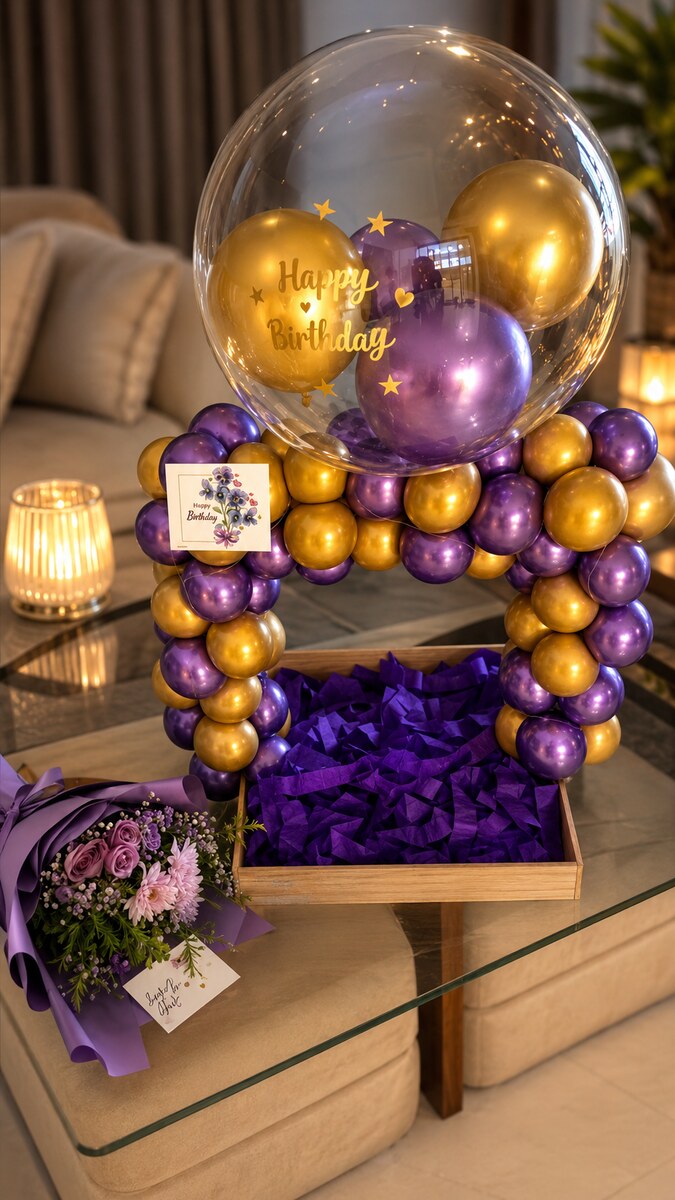 A purple and gold balloon arch surrounding a clear Happy Birthday bubble balloon with a small bouquet and gift tray — handcrafted by Bloom & Beyond in Lahore