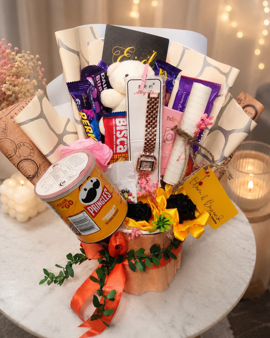 Put together for a young woman surprising her fiancé in Lahore — playful, personal, and a little bit cheeky — handcrafted by Bloom & Beyond in Lahore
