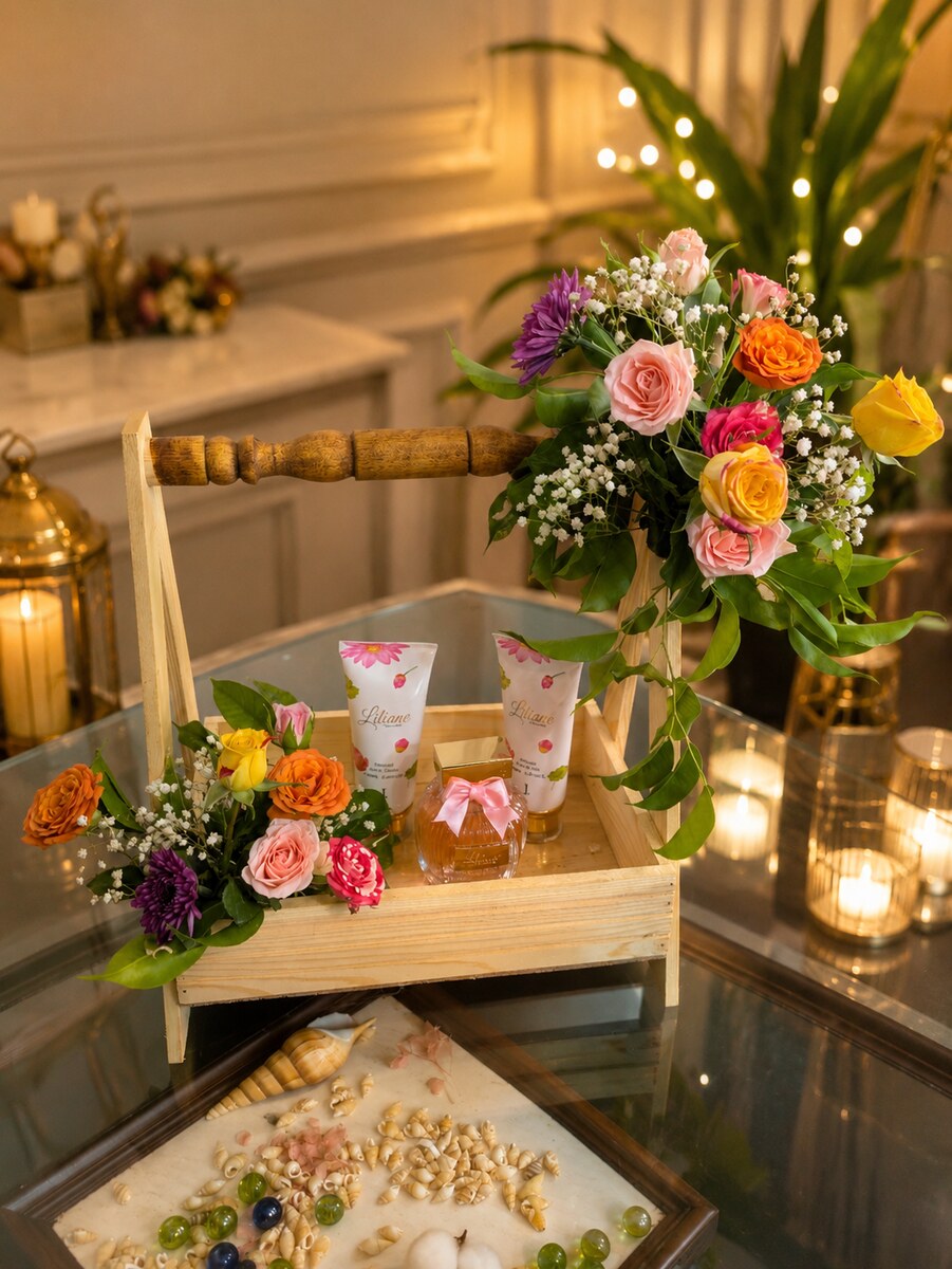 A wooden carry tray holding a bright mixed bouquet, two smaller posies and a set of skincare products — handcrafted by Bloom & Beyond in Lahore