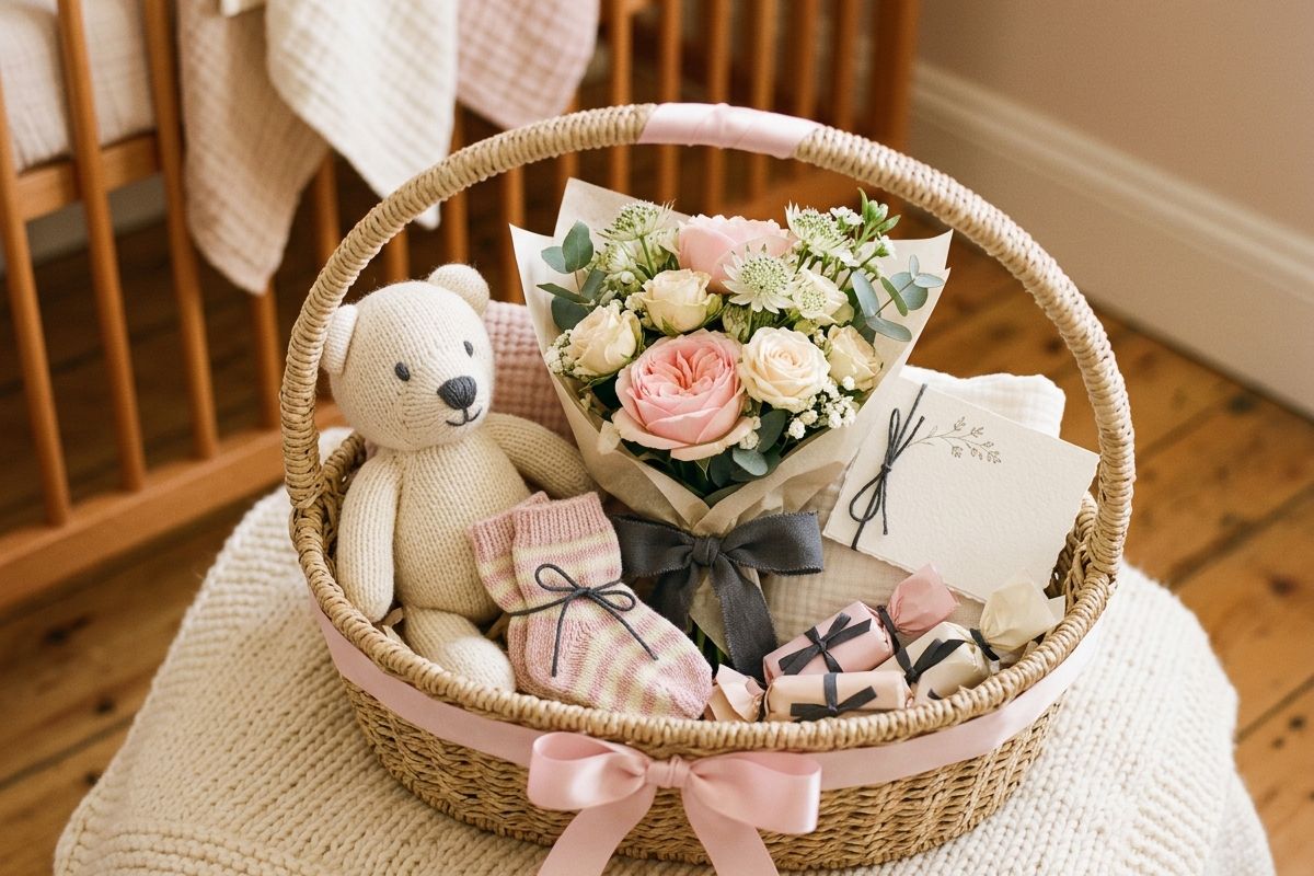 A tender welcome basket for newborns — includes a soft teddy bear, baby socks, a mini bouquet of soft pink roses — handcrafted by Bloom & Beyond in Lahore