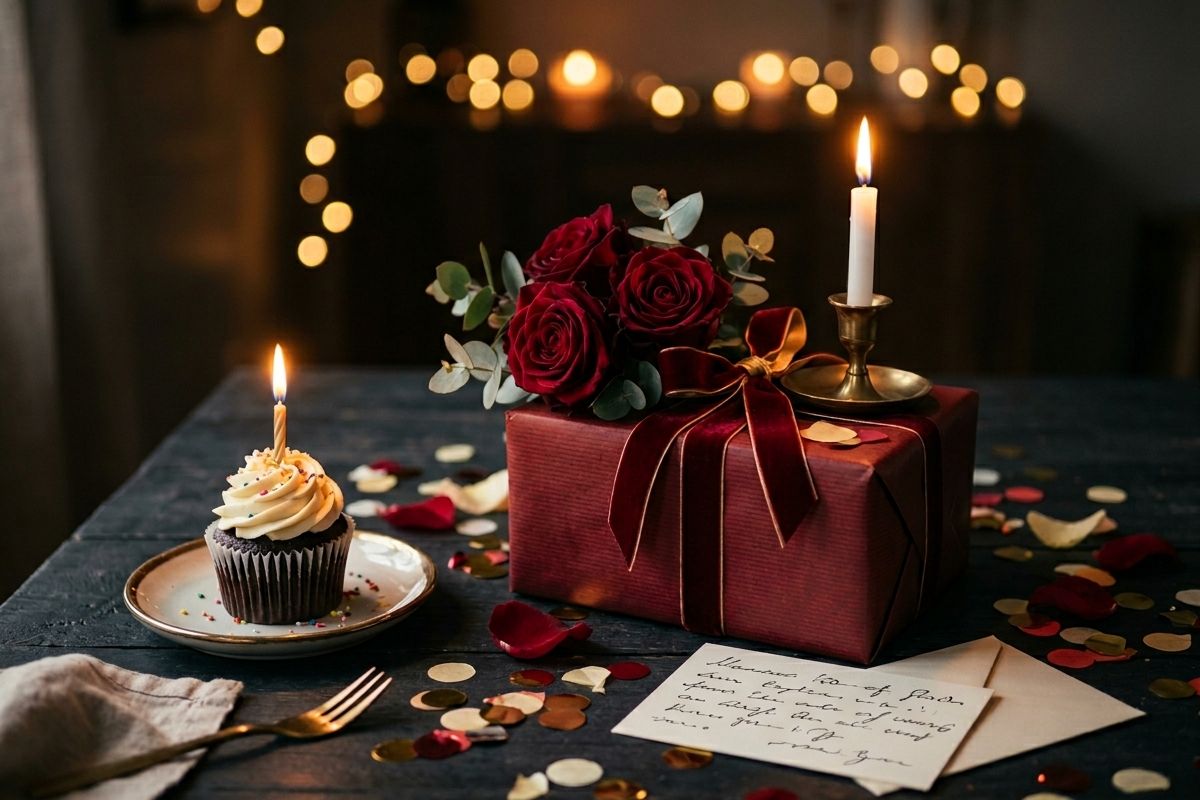 A deluxe romantic gift box with deep red roses, cupcake, premium chocolates, scented candle, confetti — handcrafted by Bloom & Beyond in Lahore