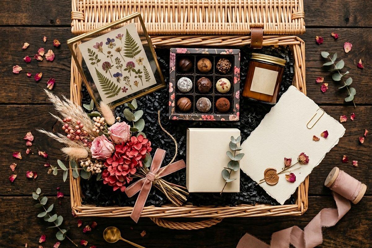 Curated parents' anniversary hamper from children — neutral romantic palette with roses, premium chocolates, scented candle, and hand-calligraphed family card — Bloom & Beyond Lahore