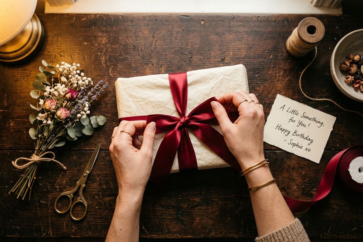 Hand-wrapped friend wedding hamper in cream kraft with wax-sealed satin ribbon — Bloom & Beyond Lahore