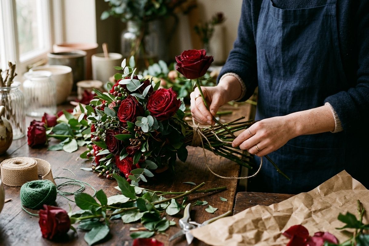 Hafsa Imran handcrafting a bouquet at the Bloom & Beyond studio in Lahore