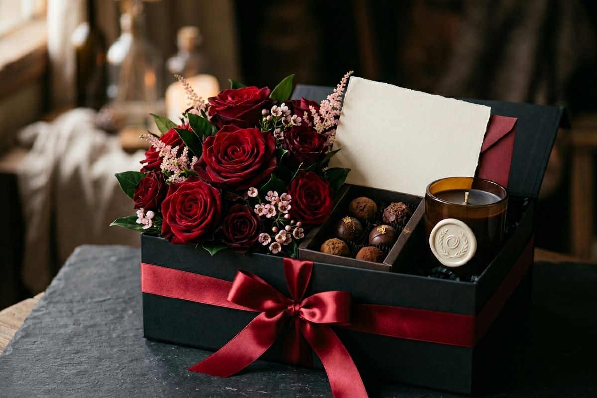 Handcrafted gift hamper with roses, chocolates, and keepsake box — Bloom & Beyond Lahore