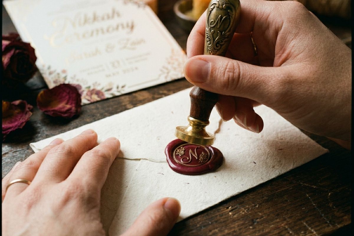Hands sealing a Nikkah invitation card with deep red wax seal in Lahore studio