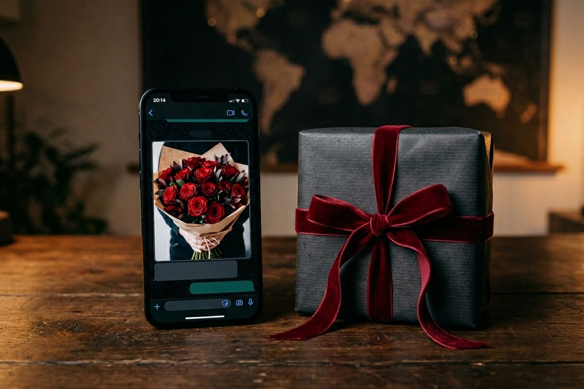 Hands photographing a masculine Father's Day gift hamper for WhatsApp approval before dispatch — Bloom & Beyond Lahore studio