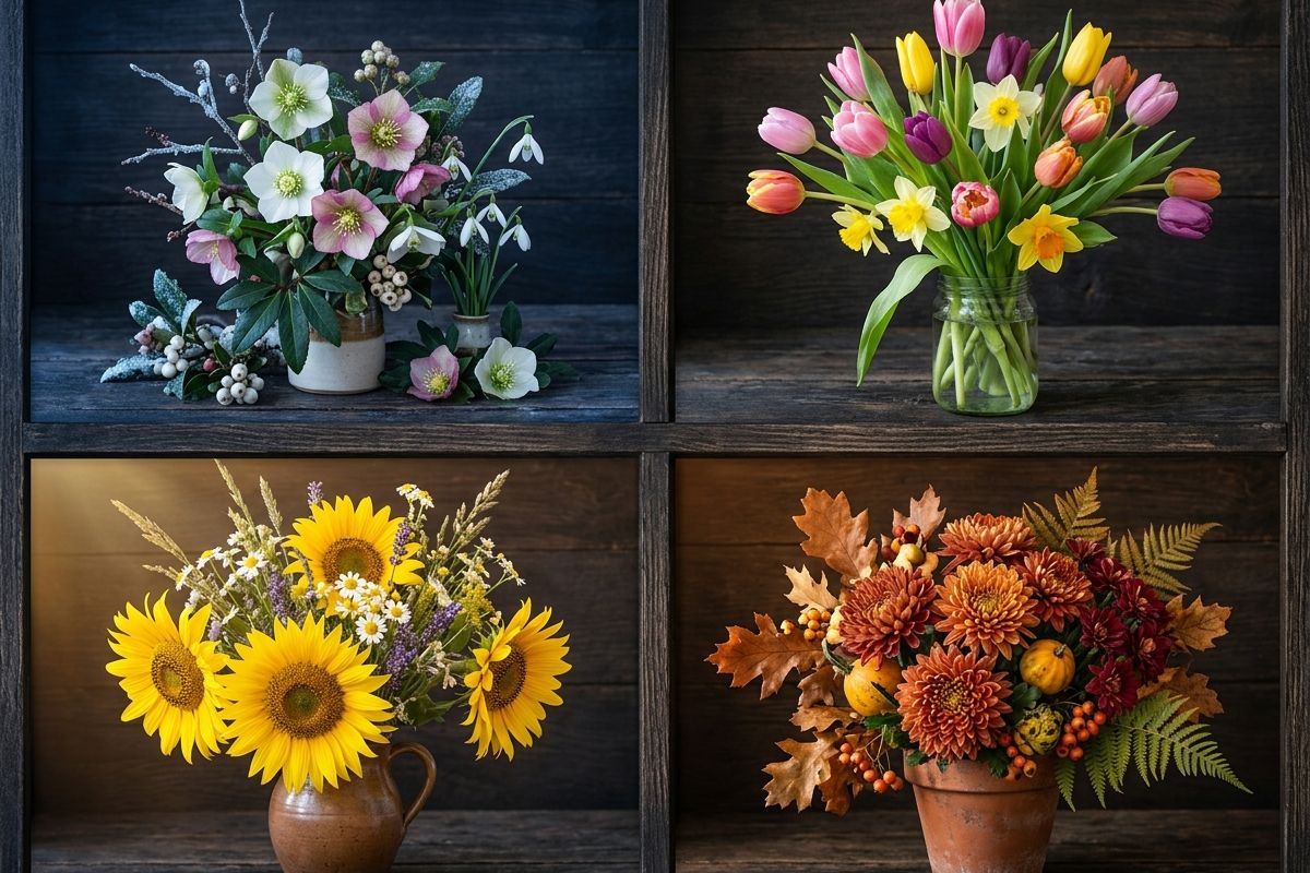 Four seasons of flowers in Pakistan — winter hellebores, spring tulips, summer sunflowers, autumn chrysanthemums — Bloom & Beyond seasonal guide