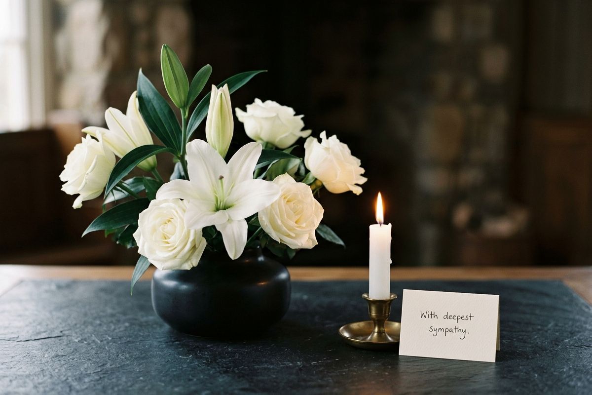 White lilies and roses in a restrained sympathy arrangement — Bloom & Beyond Lahore