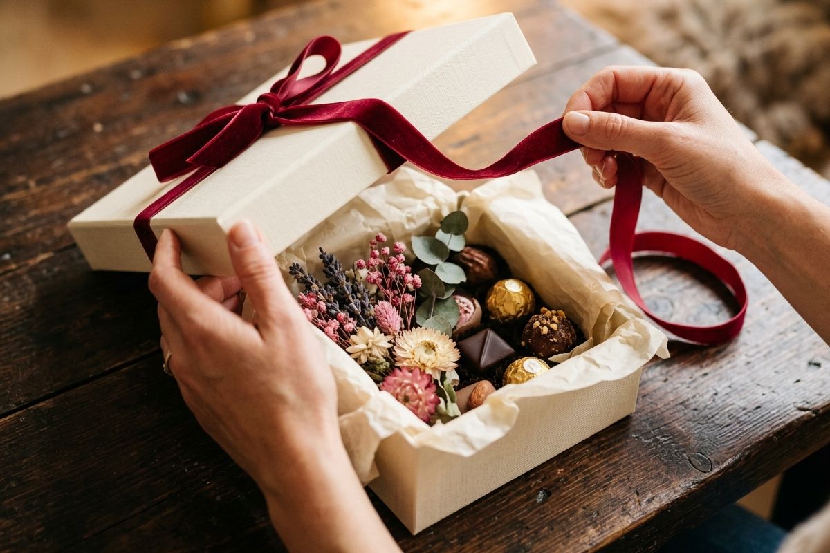 Luxury gift box with flowers and chocolates — dried flowers, Ferrero Rocher, lavender and eucalyptus in a cream keepsake box — handcrafted by Bloom & Beyond in Lahore